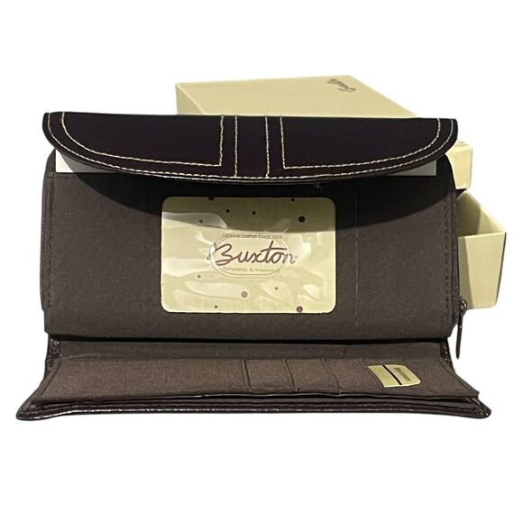 Buxton Bifold Wallet Brown Leather White Stitch Detail Credit Card New In Box - Picture 5 of 10